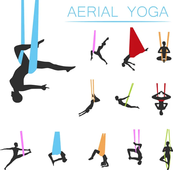 Aerial yoga set met jonge vrouw silhouetten — Stockvector