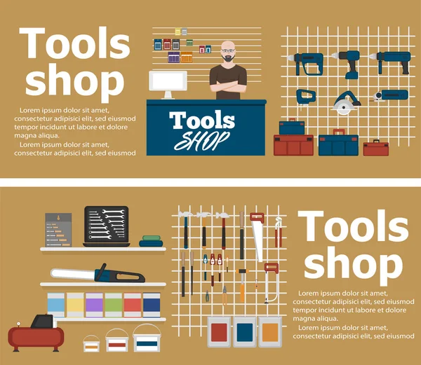 Bandeiras de loja de ferramentas com instrumentos — Vetor de Stock