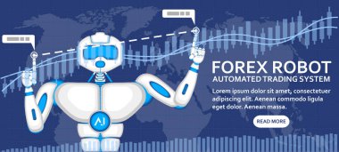 Forex robot kavramı ile AI android ve mali diyagramı. Otomatik işlem sistemi, bilgisayar komisyonculuk, sermaye yönetimi ve yatırım şekil