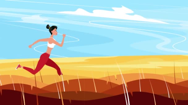 運動女が走る スポーツウェアの美しい女性 スポーツの動機と健康的なライフスタイル2Dアニメーション 黄金の丘と農村風景 アウトドアフィットネスやマラソントレーニング — ストック動画
