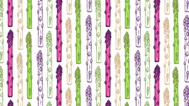 Bio Spargel Animation Weiße Grüne Und Lila Spargelsprossen Auf Weißem — Stockvideo