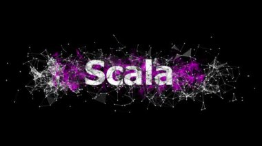Scala dili uygulaması renkli pleksus dizaynlı animasyon ile döngüye girdi. Yazılım teknolojisi kavramı. Çevrimiçi ve çevrimdışı kodlama kursları. Web sitesi geliştirme, ön uç mühendislik tasarımı.