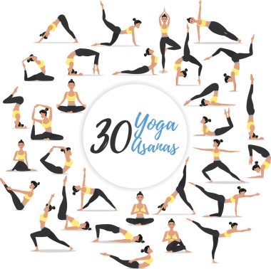 Beyaz arkaplanda 30 yoga asanası var.