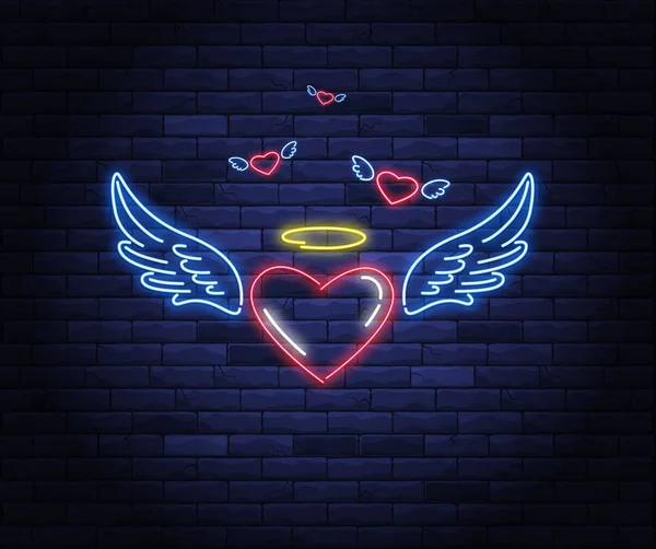 Illuminated neon heart with angel wings and halo — 스톡 벡터