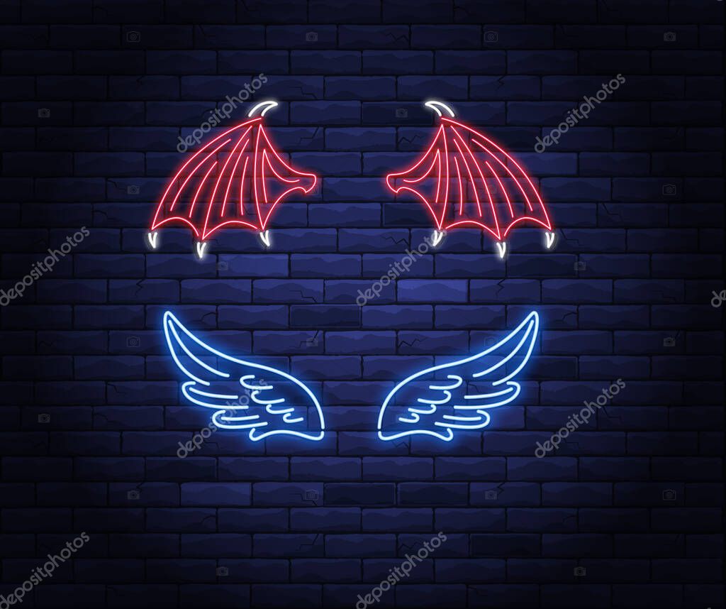 Illuminated neon red devil and blue angel wings sign. Light electric banner glowing on background of bricks wall. Neons sign vector illustration.