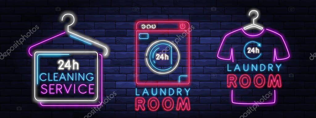 Dry cleaning service neon banner. Laundry room neon symbol on background of brick wall vector illustration. 24 hour laundromat service night neon signboard.