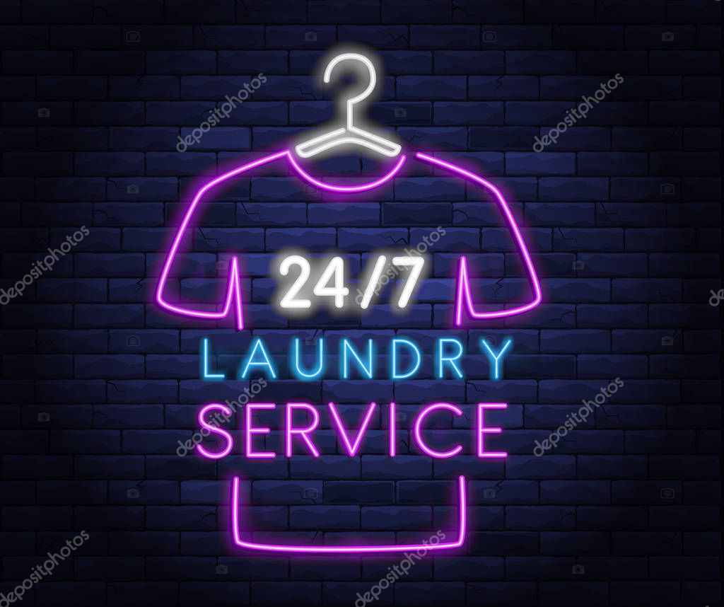 Dry cleaning service neon banner. Laundry room neon symbol on background of brick wall vector illustration. 24 hour laundromat service night neon signboard.