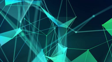 Pleksus elementleri olan renkli soyut bir arka plan. Geometrik tasarım, koyu arkaplanda çizgiler, noktalar ve üçgenler var. Fütürist dijital sanat modeli
