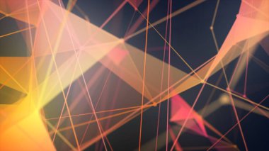 Pleksus elementleri olan renkli soyut bir arka plan. Geometrik tasarım, koyu arkaplanda çizgiler, noktalar ve üçgenler var. Fütürist dijital sanat modeli