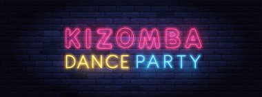 Kizomba dans partisi renkli neon pankartı. Aydınlatılmış neon ışıkları Latin danslarının işareti. Duvarın arka planında neon harfler var. Disko kulübü broşürü. Gece hayatı ve eğlence tabelası.