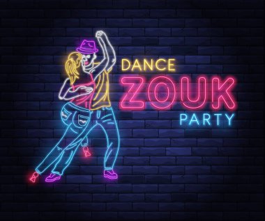 Zouk dans partisi neon pankartı ve dans eden bir çift. Latin dansçıların parlak ışıklı neon işaretleri. Duvarın arka planında neon harfler var. Gece hayatı ve eğlence tabelası.
