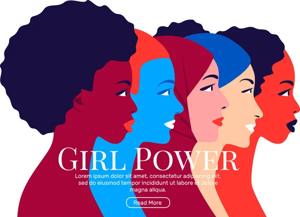 Girl Power. Young multi ethnic women profile — Stock Vector