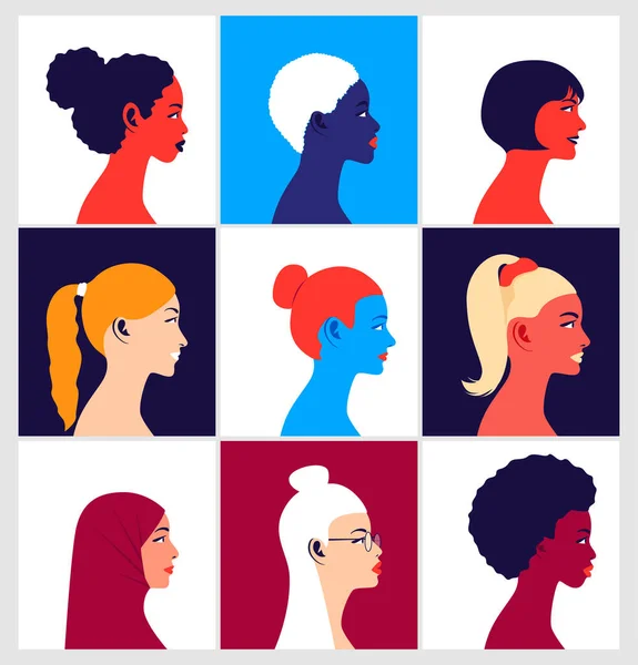 Jeunes femmes multiethniques de profil — Image vectorielle