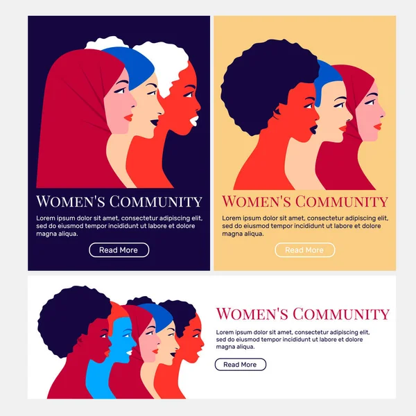Communauté des femmes. Profil des jeunes femmes multi-ethniques — Image vectorielle