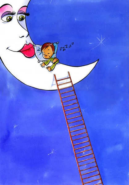 sleeping boy on the bed of the white moon, with a humanized face, which he has climbed with a very long wooden staircase