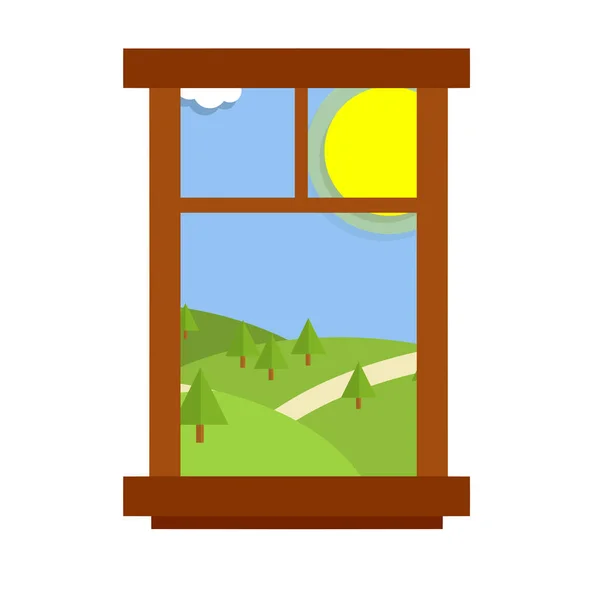 Window overlooking the summer landscape with green hills, summer season with sun, good weather. Interior element of the room. Wooden frame. Cartoon flat illustration