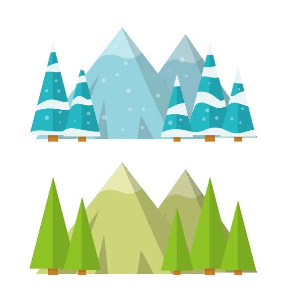 Different weather seasons. Natural landscape and environment. Green tree. Cartoon flat illustration.