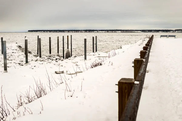 Port Anchorage Mise Eau Des Petits Bateaux Hiver Couvert Neige — Photo