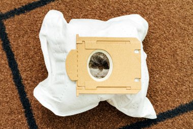 Kullanılmış elektrik süpürgesi çantasının üst görüntüsü kahverengi halı arka planında toz ve hayvan tüyü..