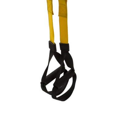 Beyaz arka planda siyah döngü fonksiyonel eğitim ekipmanları izole edildi. Spor aksesuarları. Sağlık için spor ve spor malzemeleri.