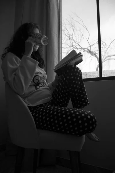Frau Sessel Sitzt Vor Dem Fenster Und Liest Ein Buch — Stockfoto