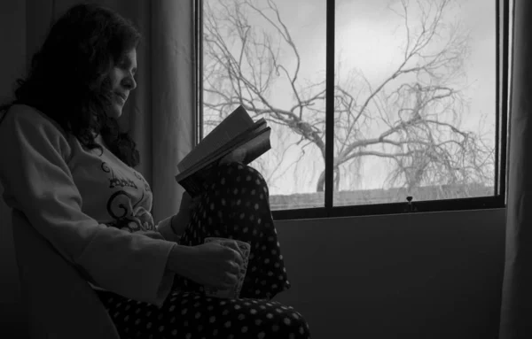 Femme Dans Fauteuil Assis Devant Fenêtre Lisant Livre — Photo