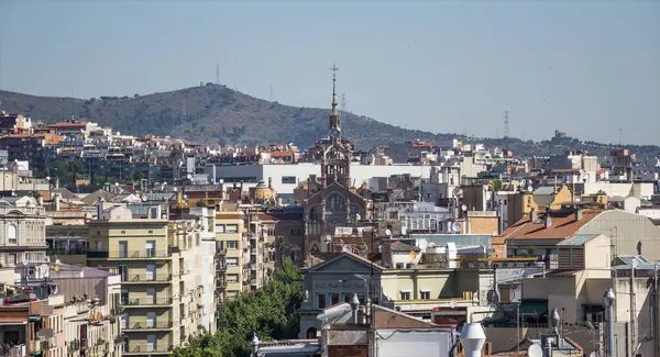 Montjuic tepesinden dağlarla çevrili Barcelona 'nın çatılarının manzarası