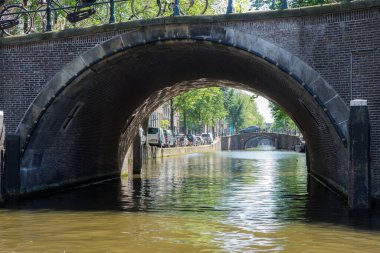 Amsterdam 'daki bir kanal üzerindeki 7 yay köprüsünden bak. Bir tekneden perspektif görüntüsü.