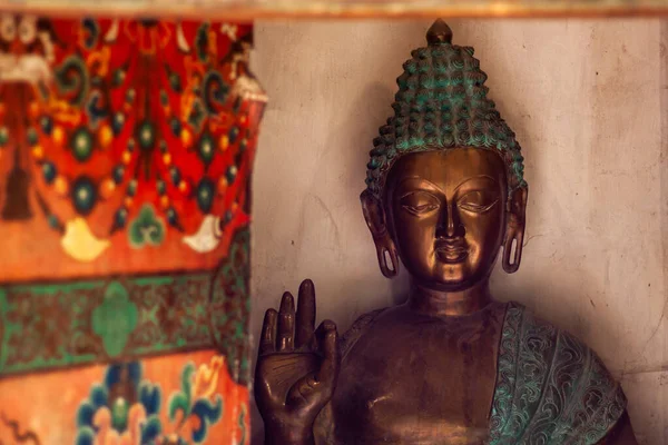 Ancient Golden Buddha Teal Dress Waving People Colorful Temple Stock Photo