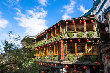 Jiufen Eski Caddesi 'ndeki manzara Taipei Tayvan Asya' sında Ah Mei Çay Evi olarak tercüme edilen popüler bir turistik ilgi odağı.