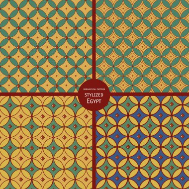 Mısır tarzında geometrik şekilli, hardal arkaplanda renk seçenekleri olan kusursuz bir desen.