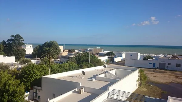 Top View Roofs White One Story Houses Coastline Tunisia City — Stock Photo, Image