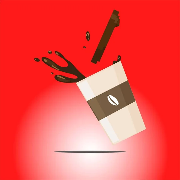 こぼれた紙コップからのコーヒースプラッシュコーヒー種子のロゴベクトルイラストが赤の背景に孤立 — ストックベクタ
