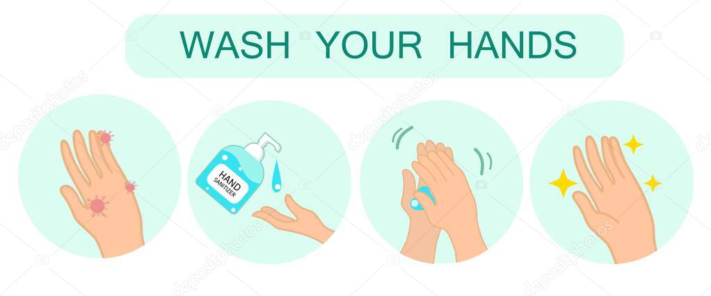 Washing Hands with Alcohol gel,hand sanitizer, Water. Infographic Steps How Washing Hands Properly. Prevention against Virus and Infection. Hygiene Concept. Flat Cartoon Vector Illustration.