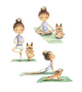 Çizgi filmdeki kız köpeğiyle yoga yapıyor. Tatlı Fransız bulldog 'u meditasyon yapıyor ve sahibiyle esniyor. Sağlıklı bir kadın yoga minderinde poz veriyor. Beyaz arkaplanda suluboya çizimi. 