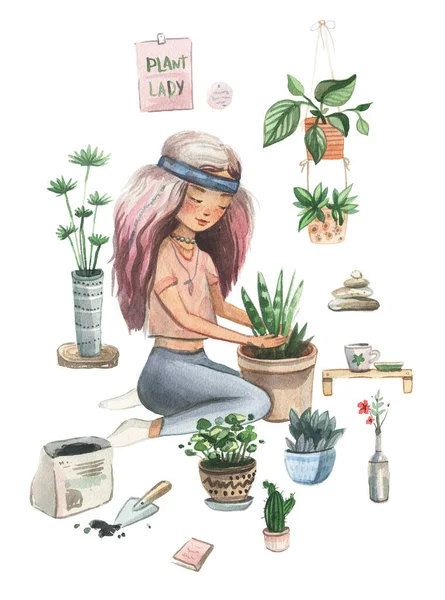 可爱的植物女孩照顾室内植物 疯疯癫癫的植物女士 锅里有一个家庭植物 一个女孩抱着室内植物的流行图解 — 图库照片