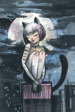 Beautiful cat woman walks on the roofs of the night city. Cat woman with tattoos on her body. Watercolor illustration. clipart