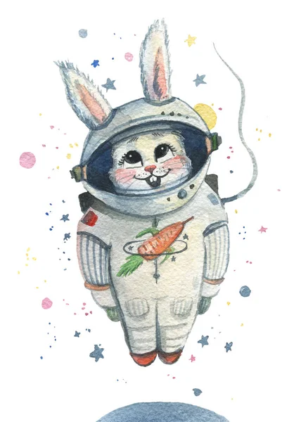 Królicza Astronautka Cute Bunny Astronauta Kosmosie Ilustracja Akwarela Białym Tle — Zdjęcie stockowe