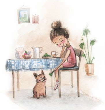 Tatlı çizgi film kızı bir Fransız bulldogunu besliyor. Kız ve evcil hayvanı öğle yemeği yiyorlar. Suluboya resim..