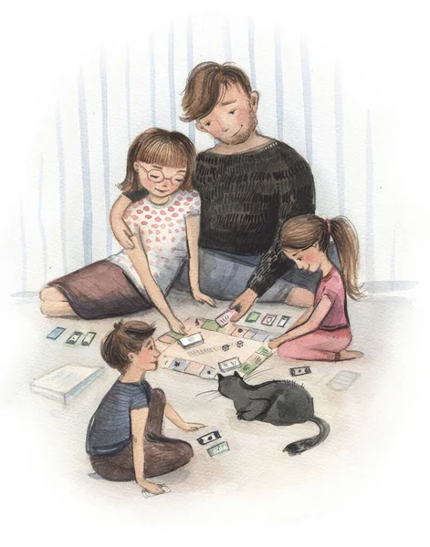 妈妈和爸爸带着孩子坐在地板上玩游戏 快乐的家庭水彩画 — 图库照片