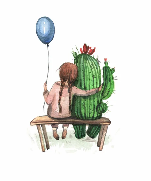 Girl Balloon Hugs Cactus Cartoon Girl Pigtails Friends Large Prickly — Stock Photo, Image