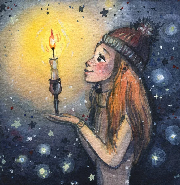 Dreamer Girl, Make a wish. Wish in the new year. cartoon girl in a hat and sweater holds a candle in the dark. Watercolor girl with a candle in her hands.