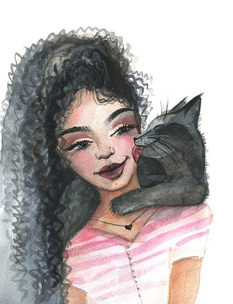 Cartoon Beautiful Girl Black Cat Black Cat Hugs His Mistress — Stock Photo, Image