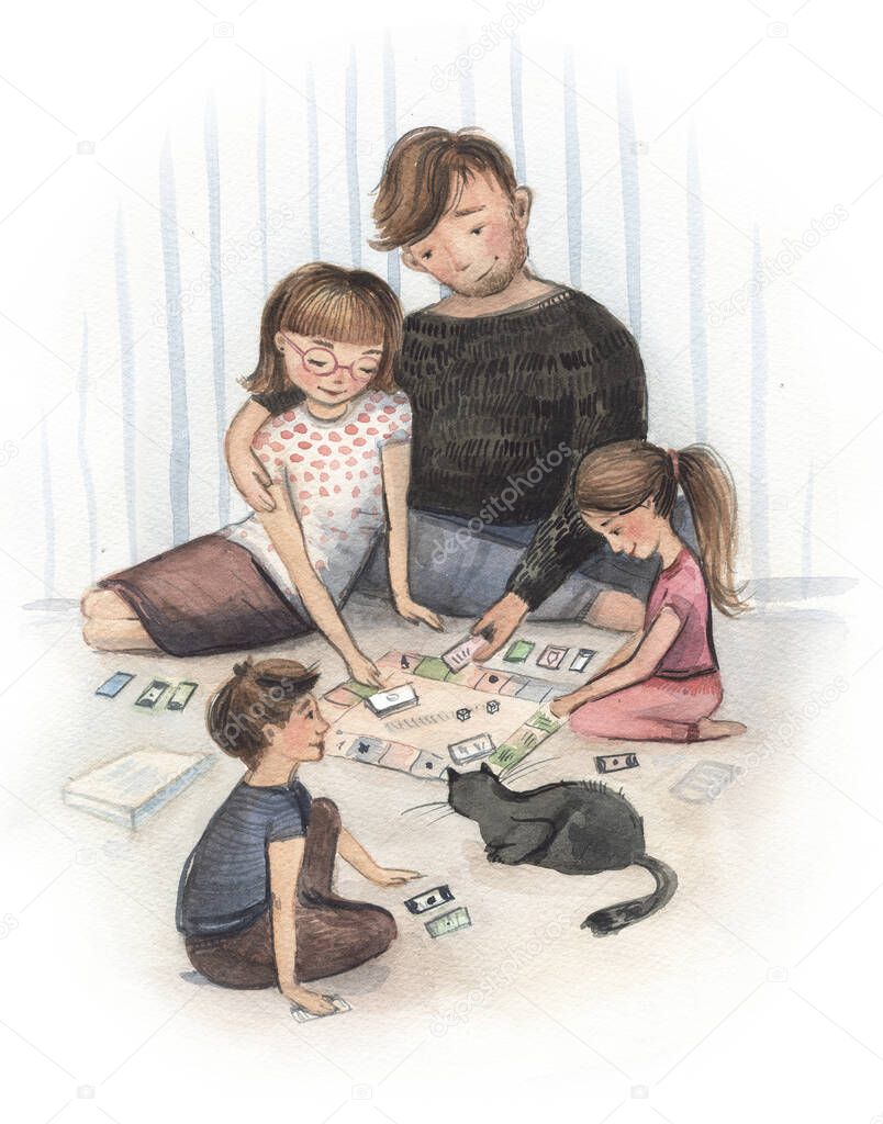 Mom and dad with children are sitting on the floor and playing a game. Happy family. Watercolor illustration. 