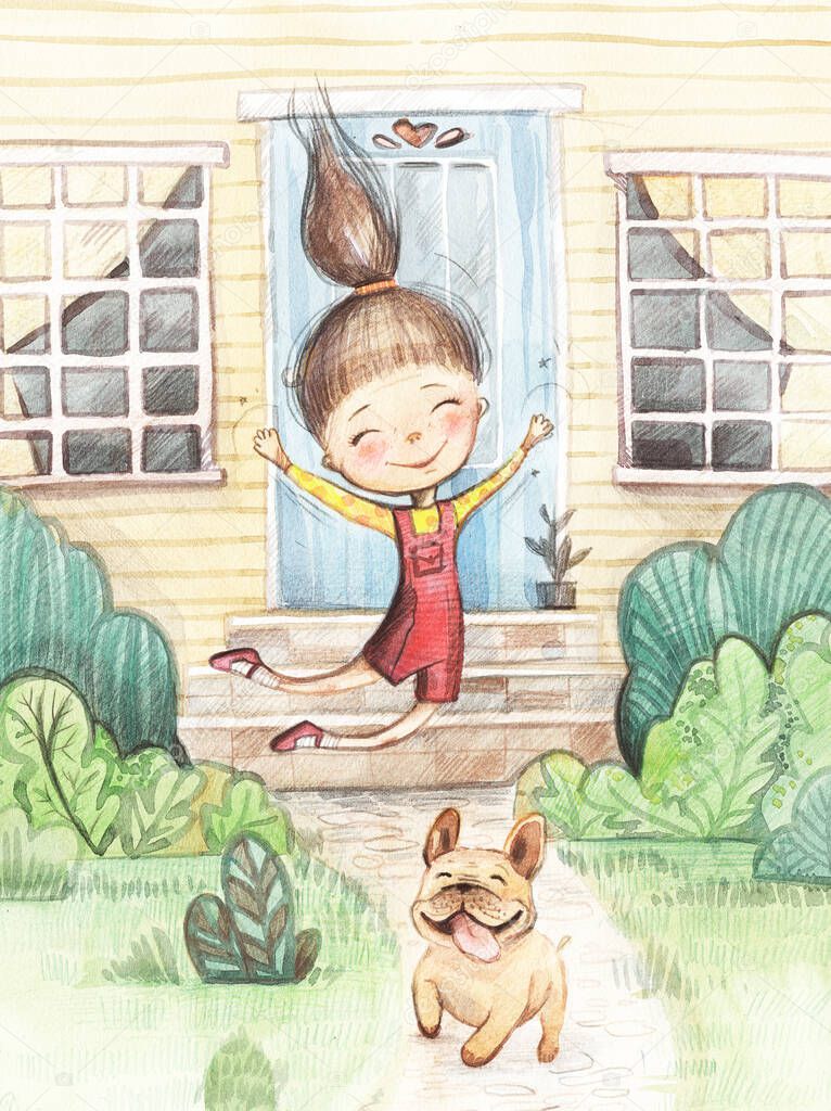 Cartoon girl and her bulldog run out of the house for a walk. Cute girl with bulldog. Watercolor illustration