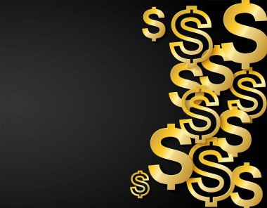 Siyah arka planda altın dolarlar. Işık ve gölge, uzayı kopyalayın. Vektör.