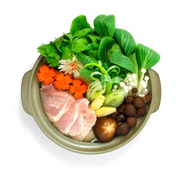 Sukiyaki Japanese Pork hot pot dish Served Vegetables Traditional popular of Asian  Goodtasty Healthy Delicious diet topview