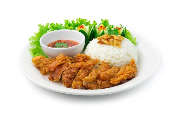 Fried Chicken Rice Ontop Crispy Garlic Asian Food Fusion Style — Stock Photo, Image