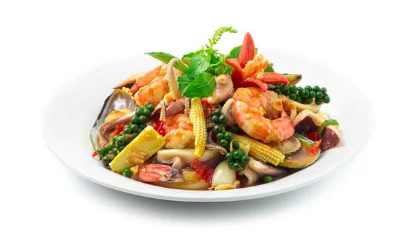 Spicy Stir Fried Holy Basil Seafood Shrimps Squids Mussel Baby — Stok Foto