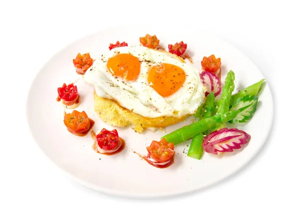 Breakfast Grilled Toast Top Fried Eggs Sprinkle Black Peppers Salt — Stock Photo, Image